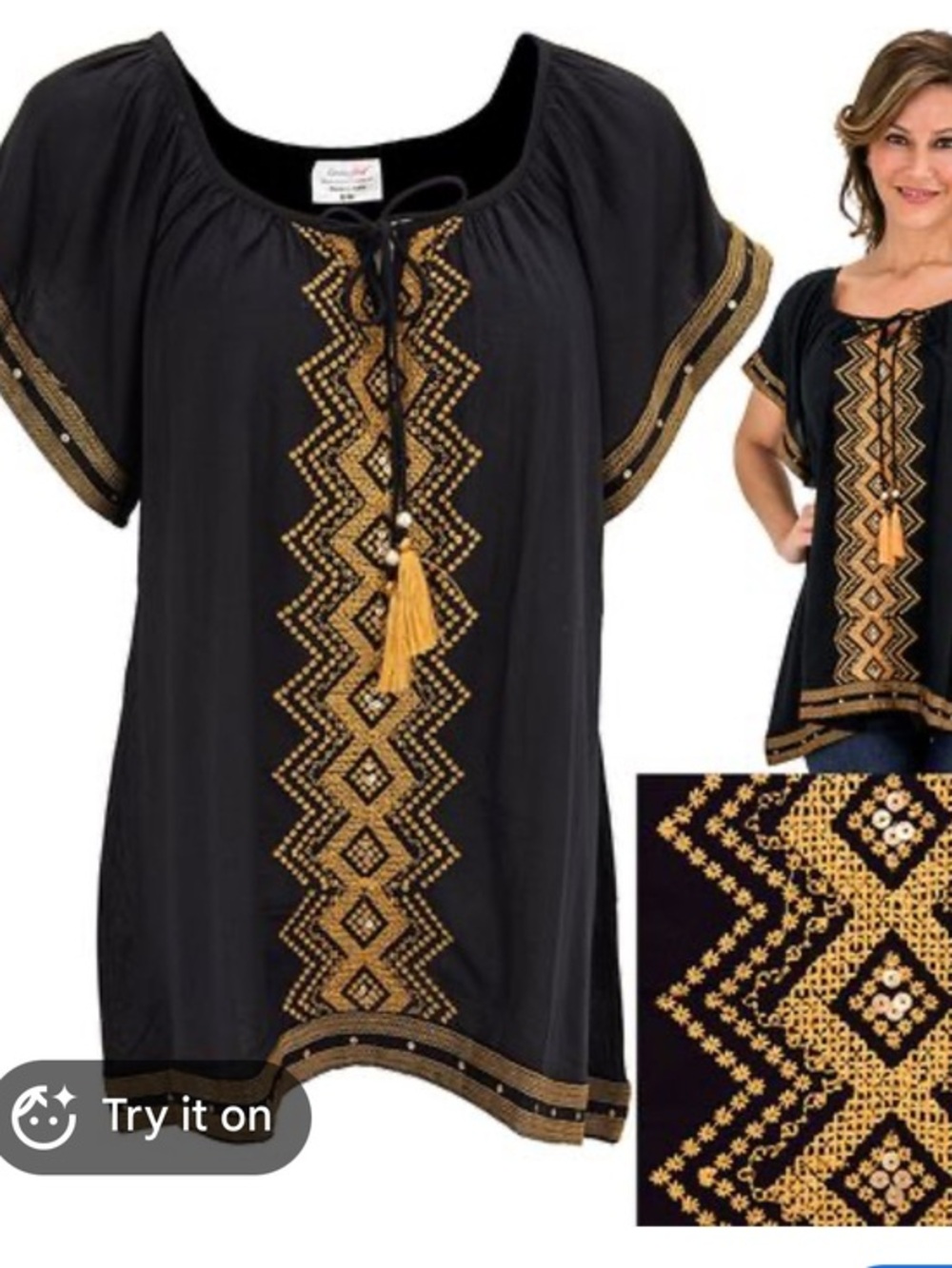 New Anthropologie Raga Embroidered Embelished Tunic Top with Tassel Black Yellow